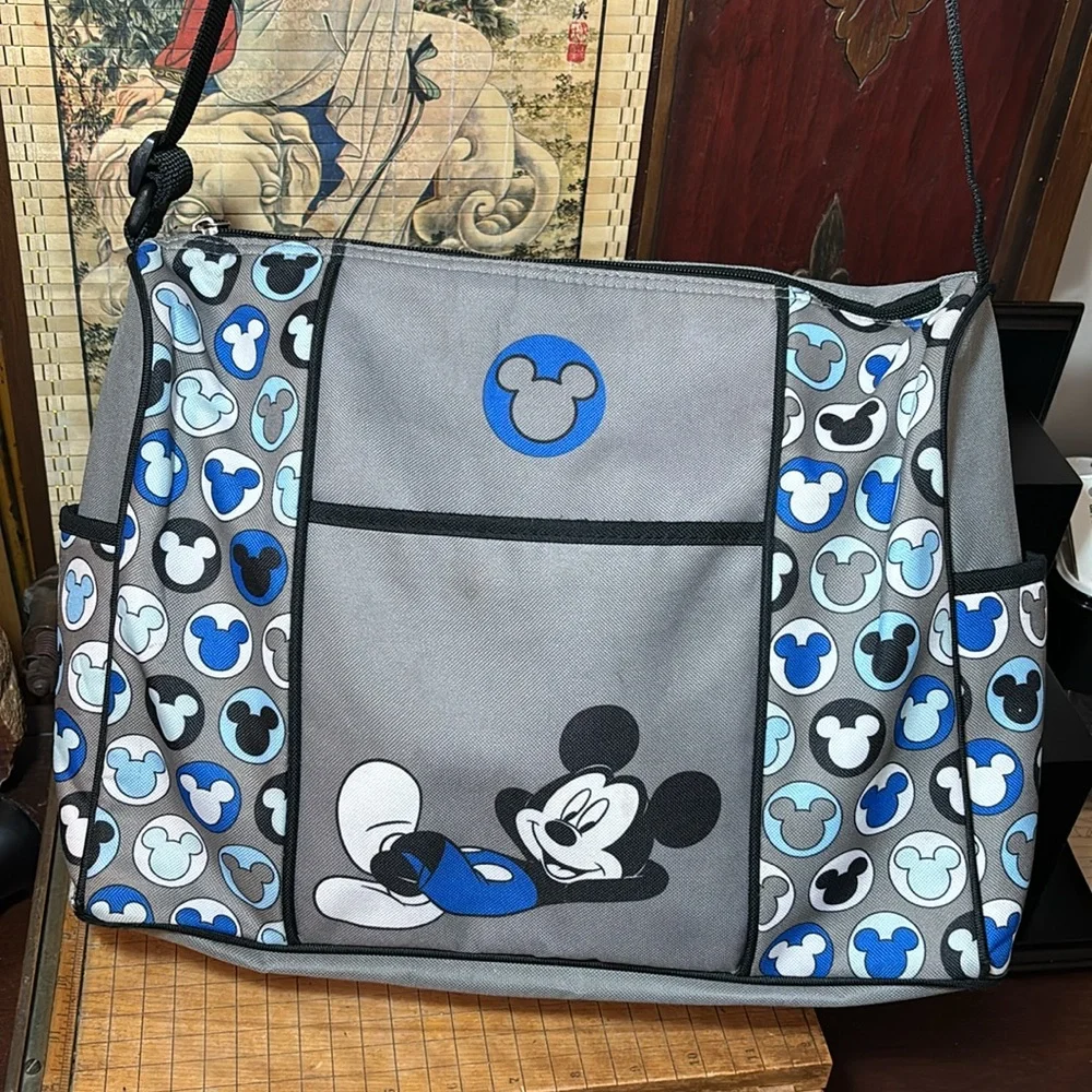 Disney Baby Diaper Bottle Shoulder Mickey Bag Grey Blue Canvas GUC 14”Lx11”Hx5”